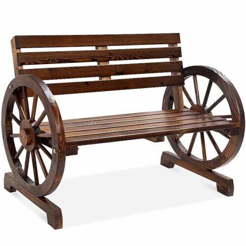 2-Person Wooden Wagon Wheel Bench for Patio Garden Outdoor Lounging w/ Rustic Design