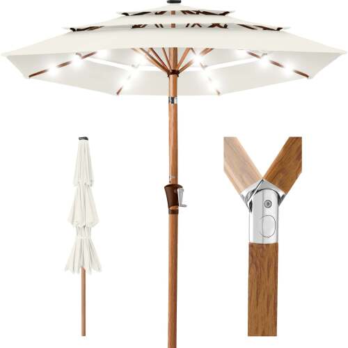 3-Tier Woodgrain Pattern Solar Patio Umbrella, Tilt Adjustment - 10ft