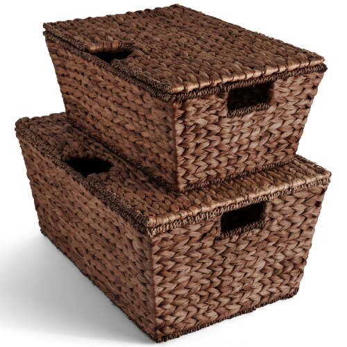 Set of 2 X-Large & Medium Woven Storage Baskets W/Lids, Hyacinth Nesting Organizer Bins