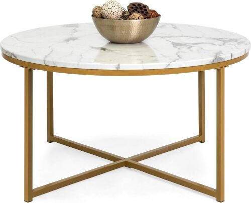 36in Faux Marble Accent Table, Modern End Table, Large Coffee Table Home Decor for Living Room, Dining Room, Tea, Coffee w/Metal Frame, Foot Caps, Designer