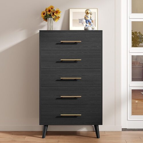 Lofka 28-in W 5 Drawer Dresser Tall Chest with Metal Handles Wood Storage Organizer for Bedroom Hallway Living Room - Black