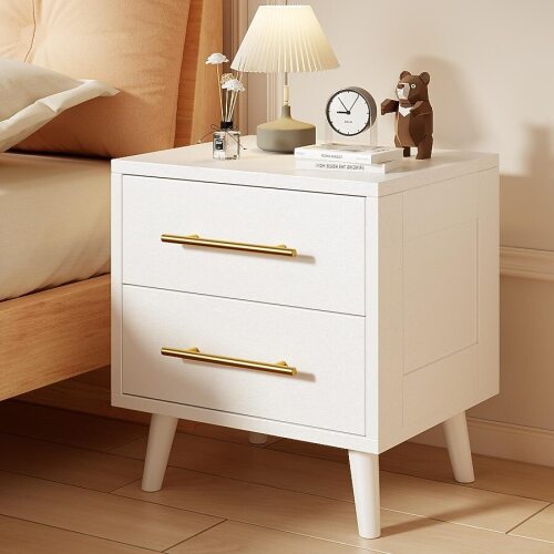 Lofka Nightstand Bedside Table with Metal Handles Modern Wood Night Stand 2 Drawer Dresser for Bedroom