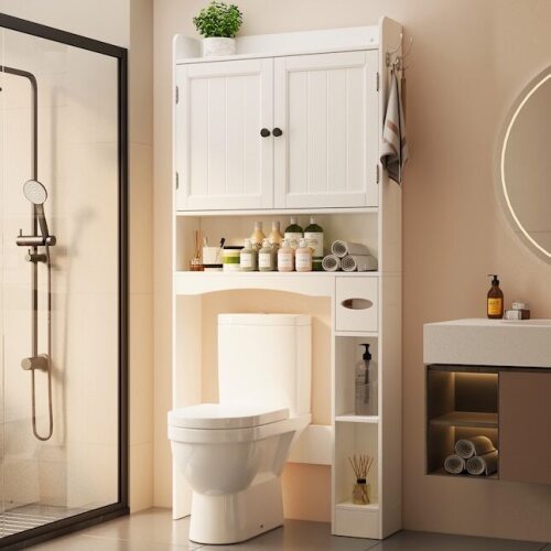 Lofka White 29.9-in x 70.3-in x 7.7-in Over-The-Toilet Storage Cabinet with Adjustable Shelves Doors Toilet Paper Holder and Side Hooks