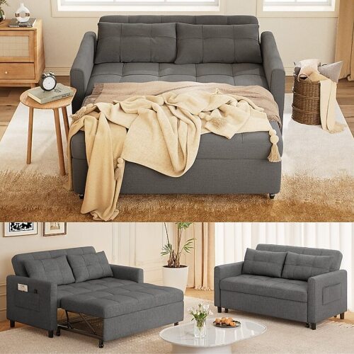 Lofka 3-in-1 Convertible Loveseat Sleeper Couch Bed 72 Inch Extended Pull Out Sofa Bed Linen Fabric Small Futon Sofa Bed with 2 Pillows for Apartment Living Room Bedroom - Dark Grey