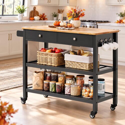 Gizoon Kitchen Island Cart with Storage and 40’’ Wooden Top, Black 2 Tiers Shelves and Towel Bar, 2 Drawer Mobile Trolley Cart On Metal Wheels with Hooks for Dining Room, Bar, Outdoor