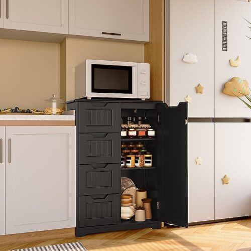 Lofka 23.6-in x 33.5-in x 11.8-in Small Pantry with Door and Shelves Kitchen Pantry Storage Cabinet Freestanding Wooden Bathroom Storage Cabinet with 4 Drawers for Kitchen and Dining Room - Black