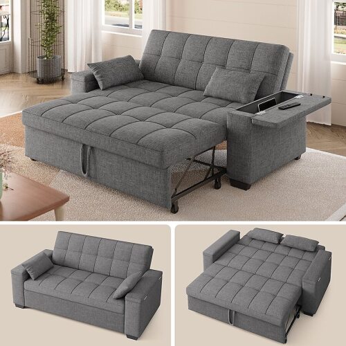 Lofka 64-Inch 3 In 1 Convertible Sofa Bed with 600 lbs Capacity Pull Out Couch with 2 Storage Armrests Linen Fabric Loveseat Sleeper for Living Room Apartment Dark Grey