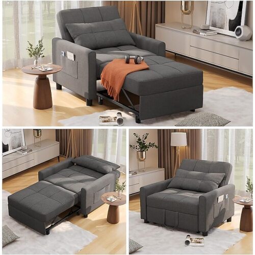 Lofka 31-Inch 3 In 1 Convertible Chair Bed with 400 lbs Capacity Modern Linen Fabric Sleeper Chair with Adjustable Backrest and Pillow for Small Spaces Dark Gray