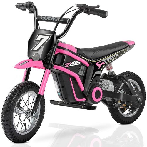 ELEMARA Electric Motorcycle for Kids, Dirt Bike Electric with Music & Bluetooth,350W Chain-Driven Motor,15.5 mph & 150lb Max,Twist-Grip Throttle & Hand-Operated Rear Brake,12" Air-Filled Tires-Pink