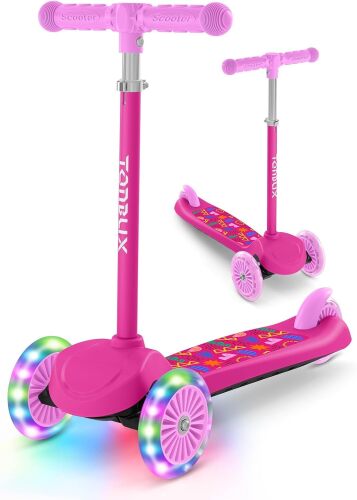 TONBUX Kids Scooter for Ages 3-8, Toddler Scooter with Light-Up Wheels, Adjustable 4-Level Height 3-Wheel Scooters for Kids, Lean-to-Steer Design