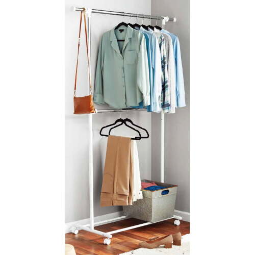 Mainstays Adjustable 2-Tier Rolling Clothes Rack with Locking Wheels, Steel, Silver/White
