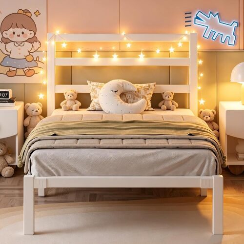Twin Size Metal Platform Bed Frame with Headboard,Under Bed Storage，White Heavy Duty Bed Frame ,Strong Steel Slats, Noise Free,No Box Spring Needed, Easy Assembly