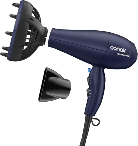 Conair Hair Dryer with Multi-Chamber Hair Diffuser Attachment, Dark Blue
