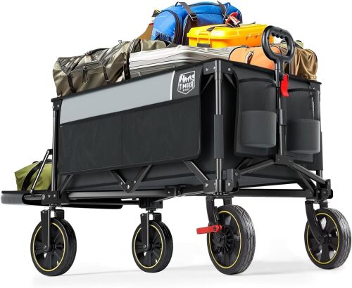 Timber Ridge 49" Extra Long Collapsible Folding Wagon with Tailgate&Brakes 300lbs Heavy Duty Foldable Wagon with Adjustable Handle, 250L Capacity Portable Cart for Outdoor Camping Sports, Grey