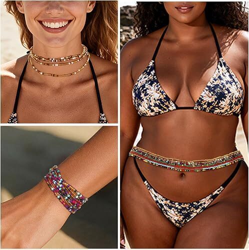 ELABEST African Waist Beads Chain Layered Belly Body Chain Beach 7Pack Waist Jewelry Body Accessories for Women