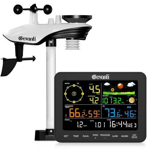 Gevanti SA6 Weather Stations Wireless Indoor Outdoor, Home Weather Station with Rain Gauge Outdoor for Temperature, Humidity, Forecast, Pressure, Moon Phase and Alarm Clock for Patio, Bedroom(No WiFi)