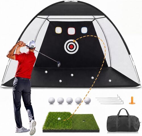 Golf Net 10x6.5FT, Foldable Golf Practice Hitting Net with Tri Turf Mat, Targets, Ball Collection, Bag & Balls for Backyard Driving, Chipping, Swing, Indoor Outdoor, Gifts for Dad.