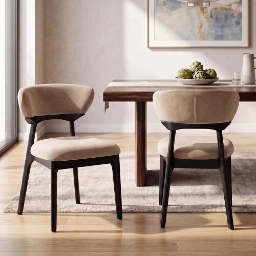 HNY Wooden Dining Chairs Set of 2, Mid-Century Modern Upholstered Velvet Kitchen Chairs with Ergonomic Curved Back, Solid Rubberwood Legs, Accent Side Chairs, Khaki & Black