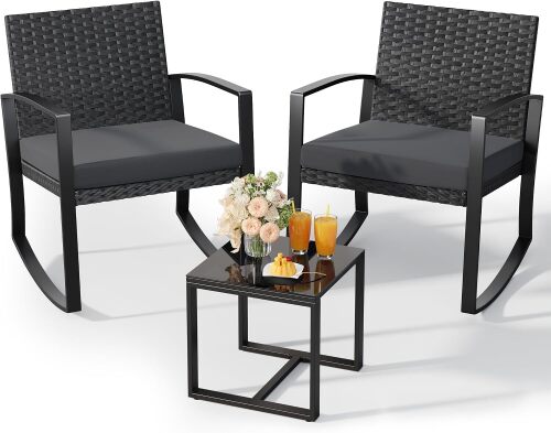 3 Pieces Patio Furniture Set Rocking Bistro Set, Outdoor Patio Furniture Set with Coffee Table for Garden Balcony Backyard Poolside (Black Cushion)