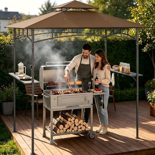 Lofka 8x5 Grill Gazebo BBQ Canopy Outdoor with Storage Shelf and Hooks Patio Picnic Backyard Cooking Shelter Dark Brown