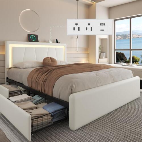 LoVinson Queen Size Bed Frame with 4 Storage Drawers, Metal Platform Bed, Adjustable Height