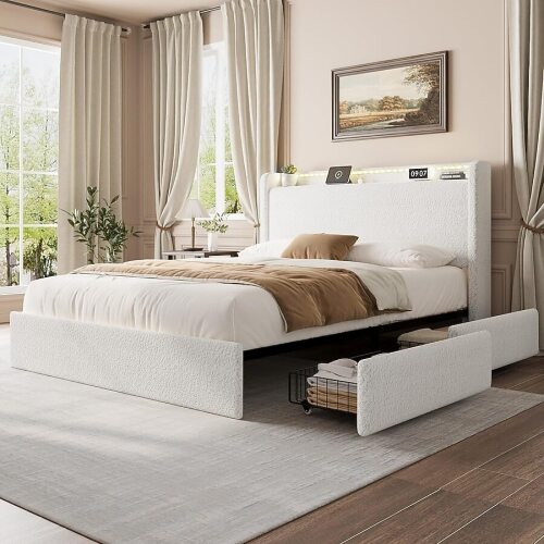 Garvee Full Size Bed Frame with 4 Storage Drawers and Storage Headboard Platform Bed Frame with Charging Station USB Ports and LED Light NoiseReducing Metal Support No Box Spring Needed