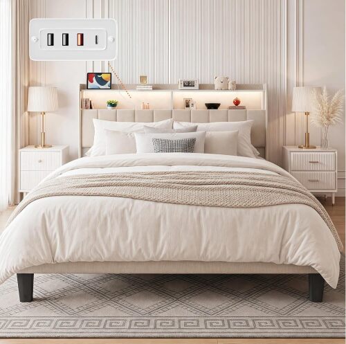 Queen Size Bed Frame with Headboard & Charging Station, Upholstered Platform Bed with LED Lights, Storage Shelves, Noise Free Wooden Slats, No Box Spring Needed