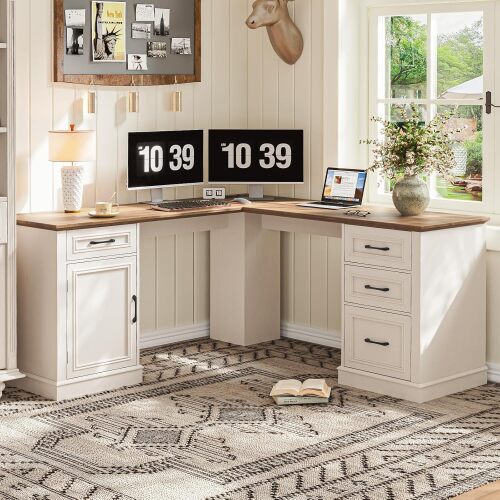 Vabches Farmhouse 59in L-Shaped Executive Desk with Drawers