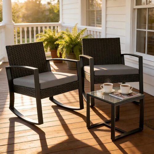 Lofka 3 Piece Patio Furniture Set All Weather Wicker Outdoor Rocking Chair Set with Tempered Glass Coffee Table - Gray