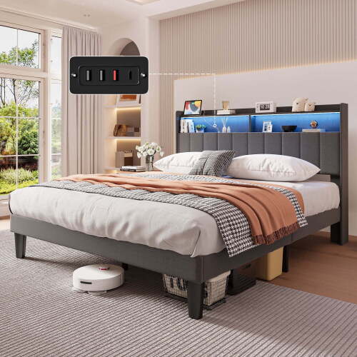 Asofer Queen Bed Frame with,Modern Upholstered Platform Bed with USB Charging Ports Headboard,No Box Spring Needed, Dark Gray