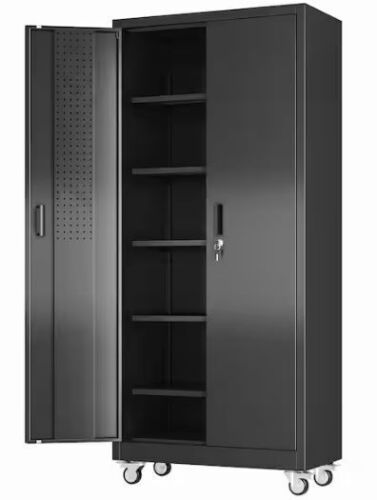 Kaikeeqli Steel Rolling Freestanding Cabinet with 5-Adjustable Shelves, Pegboard, Hooks in Black