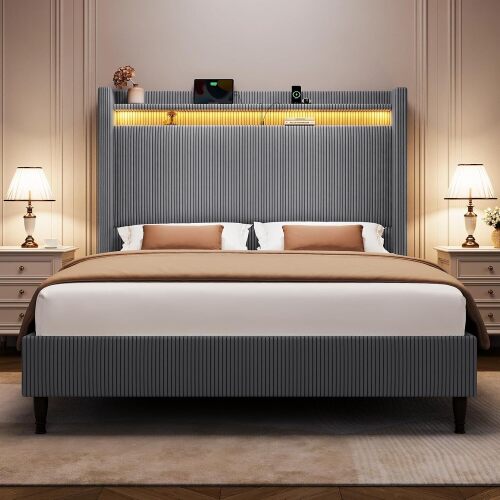 Queen Bed Frame with Tall Headboard, 52" Upholstered Platform Bed Frame with Charging Station, Luxury Velvet Bed Frames/Curved Wingback Headboard, No Box Spring Needed, Easy Assembly/Sturdy, Dark Grey