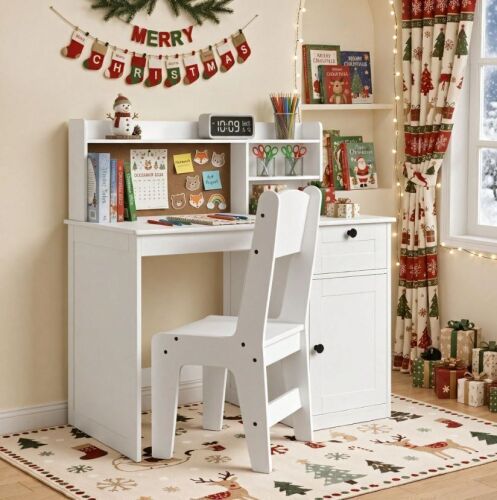 Lofka Kids Study Desk And Chair Set, Kids Study Desk With Hutch, Wooden Children Study Table With Storage Cabinet, Study Desk And Chair Set For Girls Boys, White