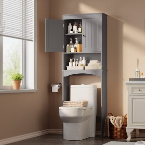 Lofka Gray 23.7-in x 66.1-in x 9.1-in Over-The-Toilet Storage Cabinet with Double Doors Adjustable Shelf and Open Shelf