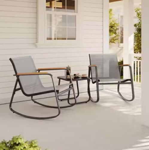 3-Piece Outdoor Rocking Chat Set in Gray, Patio Furniture Set with Glass Table for Poolside, Porch, Lawn