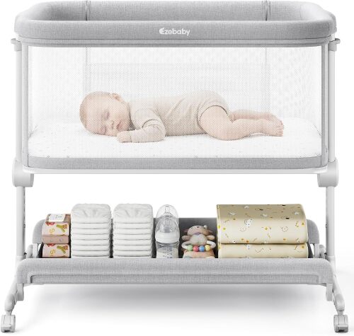 Ezebaby Baby Bassinets Bedside Sleeper, Portable Bedside Bassinet for Baby Newborn Infants with Adjustable 7 Heights and All Mesh Sides, Newborn Crib with Mattress and Soft, Breathable Sheet