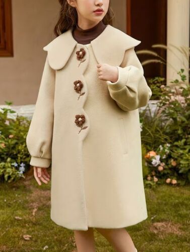 Elegant Girls' Long Sleeve Midi Overcoat, Polyester Lapel Collar Solid Color Raglan Sleeve Embroidered Placket Single Breasted Fall/Winter Outerwear, Thick
