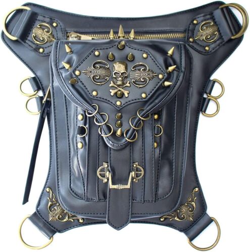 Steampunk Waist Bag Fanny Pack Thigh Holster Purse Gothic Leather Shoulder Crossbody Hiking Chain Messenger Bag, Skull 061, Medium