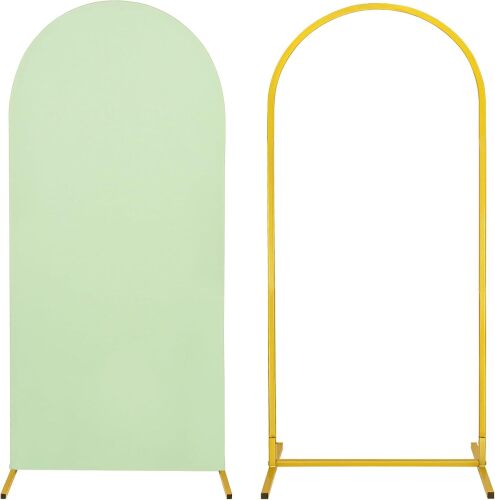 Metal Arch Stand and Cover Set,1 Sage Green Spandex Fitted Backdrop with 1 Gold Wedding Arched Stand Frame for Parties Birthday Baby Shower Bridal Banquet Decoration (6FT)