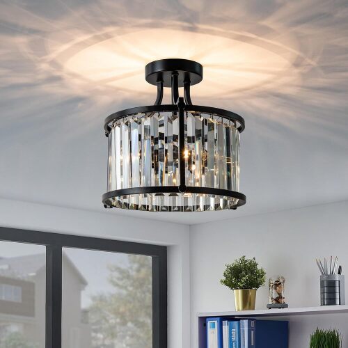 KSRYSZCQ Black Crystal Ceiling Light 3-Light Flush Mount Ceiling Light Fixture 12.59" E12 Bulb Round Hallway Lighting Fixtures for Kitchen Entryway Bedroom Bathroom