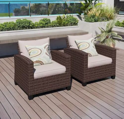 Dark Brown Rattan Wicker Outdoor Patio Lounge Chairs with Beige Cushions (2-Pack)