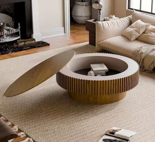 Noble House Leigh 39.37 in. Light Brown Round MDF Wood Coffee Table with Storage, Fluted Design