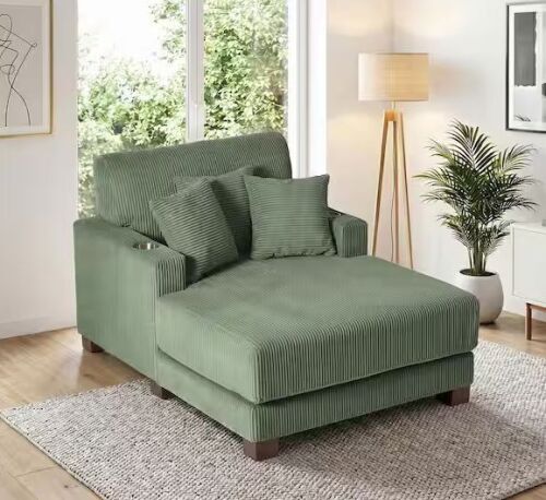 Green Corduroy 2 Arm Chaise Lounge with Cup Holders