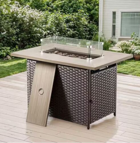 41 in. Rectangular Brown Wicker and Metal Propane Gas Outdoor Fire Pit Table - Light Damage