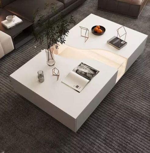 FUFU&GAGA 55.1 in. W White Rectangle Wooden Coffee Table with 2 Drawers & Visable Decored Light