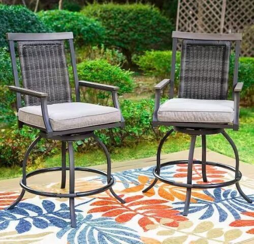 Swivel Metal Outdoor Bar Stool with Grey Cushion (2-Pack)