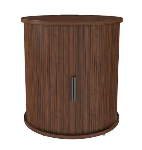 Noble House Baldric Modern Walnut Wood MDF Cylinder Bedside Table Nightstand with Sliding Door, 2-Tier Storage, Charging Station