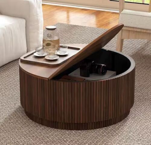 Walnut Round Fluted Coffee Table, 31.5 in. MDF with Flip-Top Storage Compartment