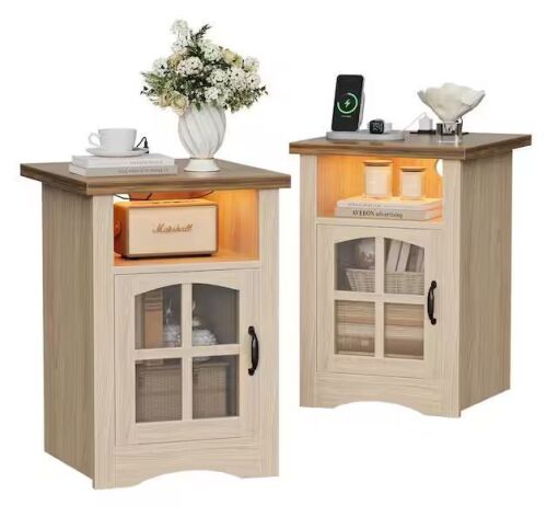 Beige LED Nightstands with Charging Station, Set of 2