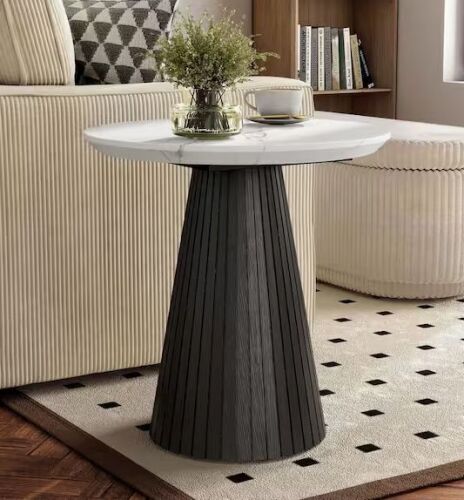 Furniture of America Jones 22 in. Black Round Faux Marble Top End Table with Reeded Drum Base